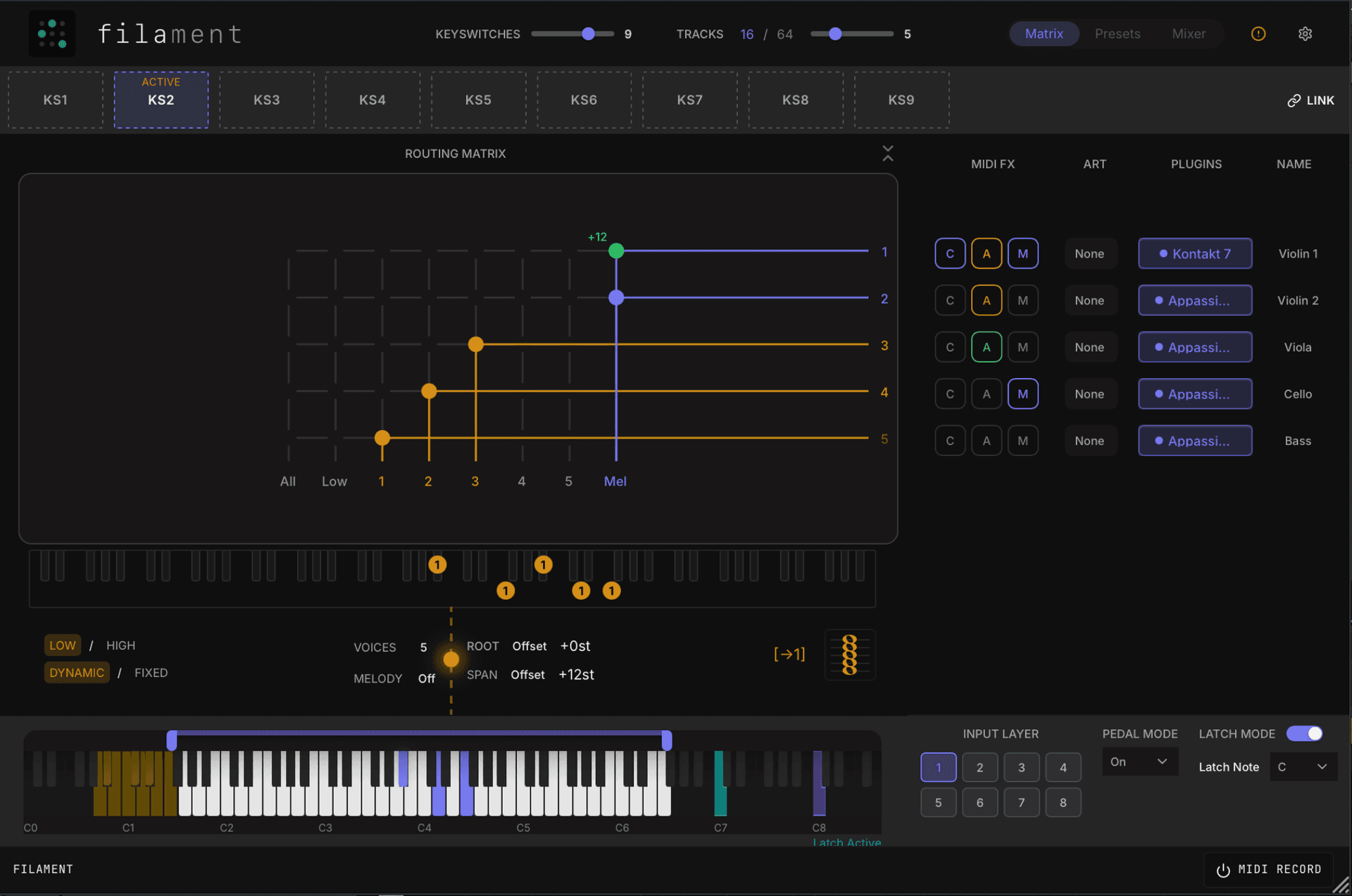 filament - Full plugin interface showing the routing matrix, arpeggiator, and voicing controls